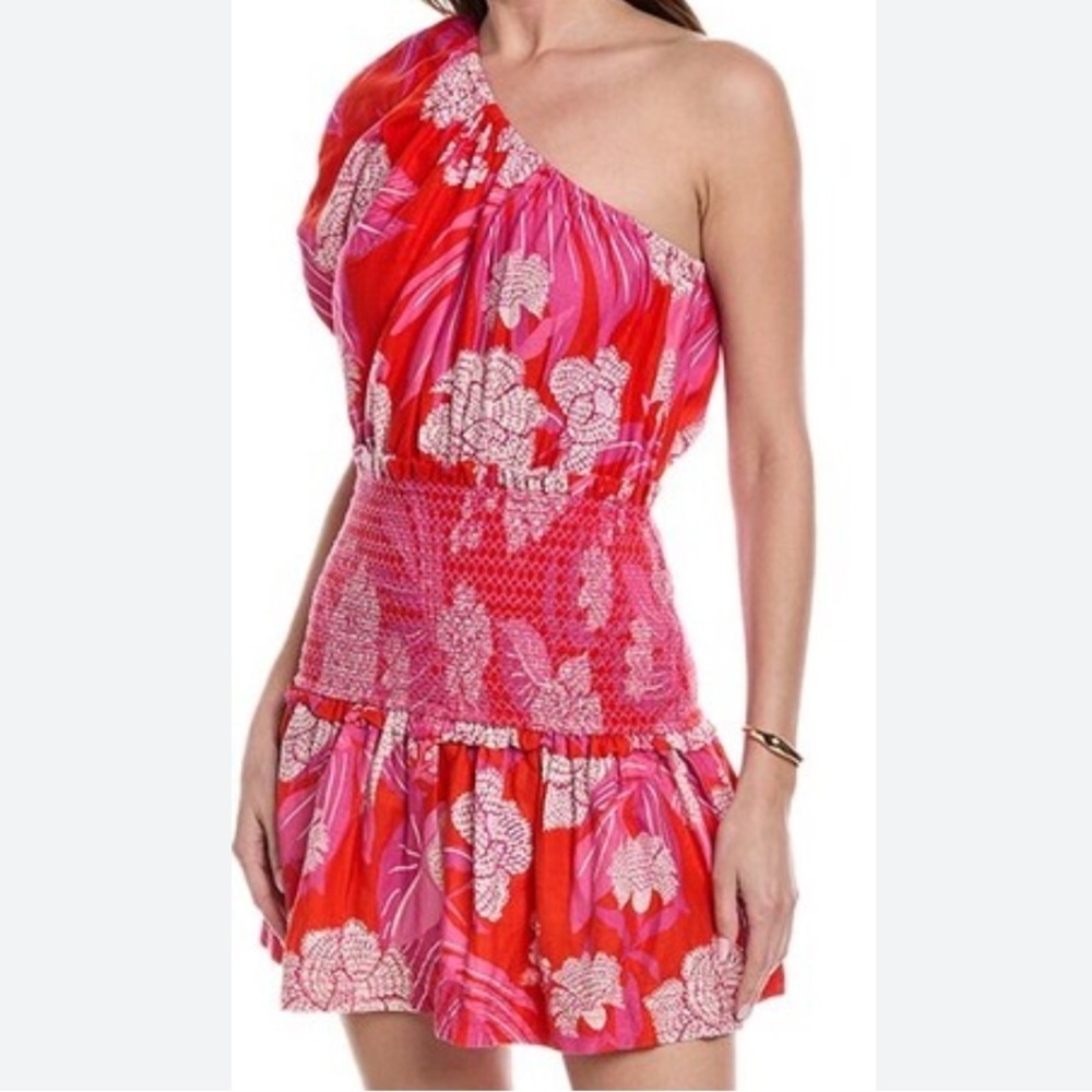 Farm Rio One Shoulder Dewdrop Floral Red Mini Dress